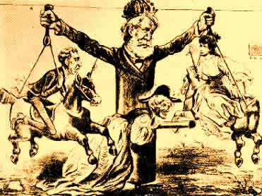 Charge na qual D. Pedro II aparece controlando “carrossel” político da época